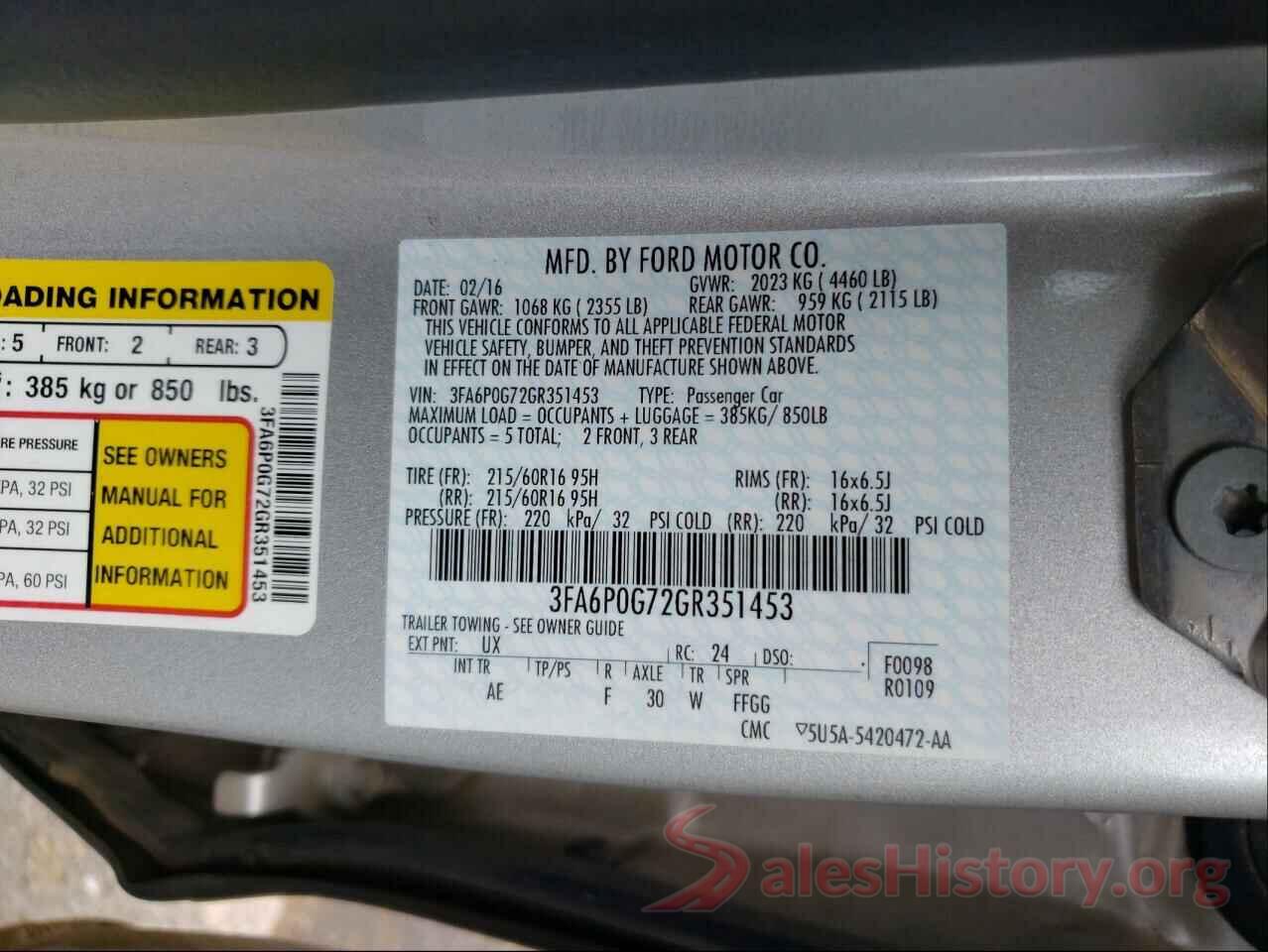 3FA6P0G72GR351453 2016 FORD FUSION