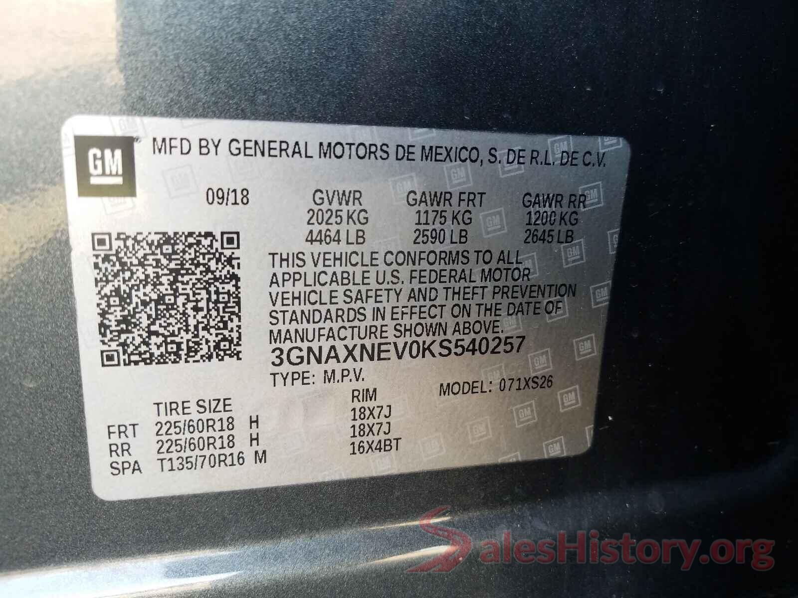 3GNAXNEV0KS540257 2019 CHEVROLET EQUINOX