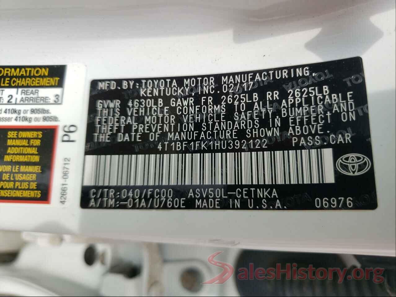 4T1BF1FK1HU392122 2017 TOYOTA CAMRY