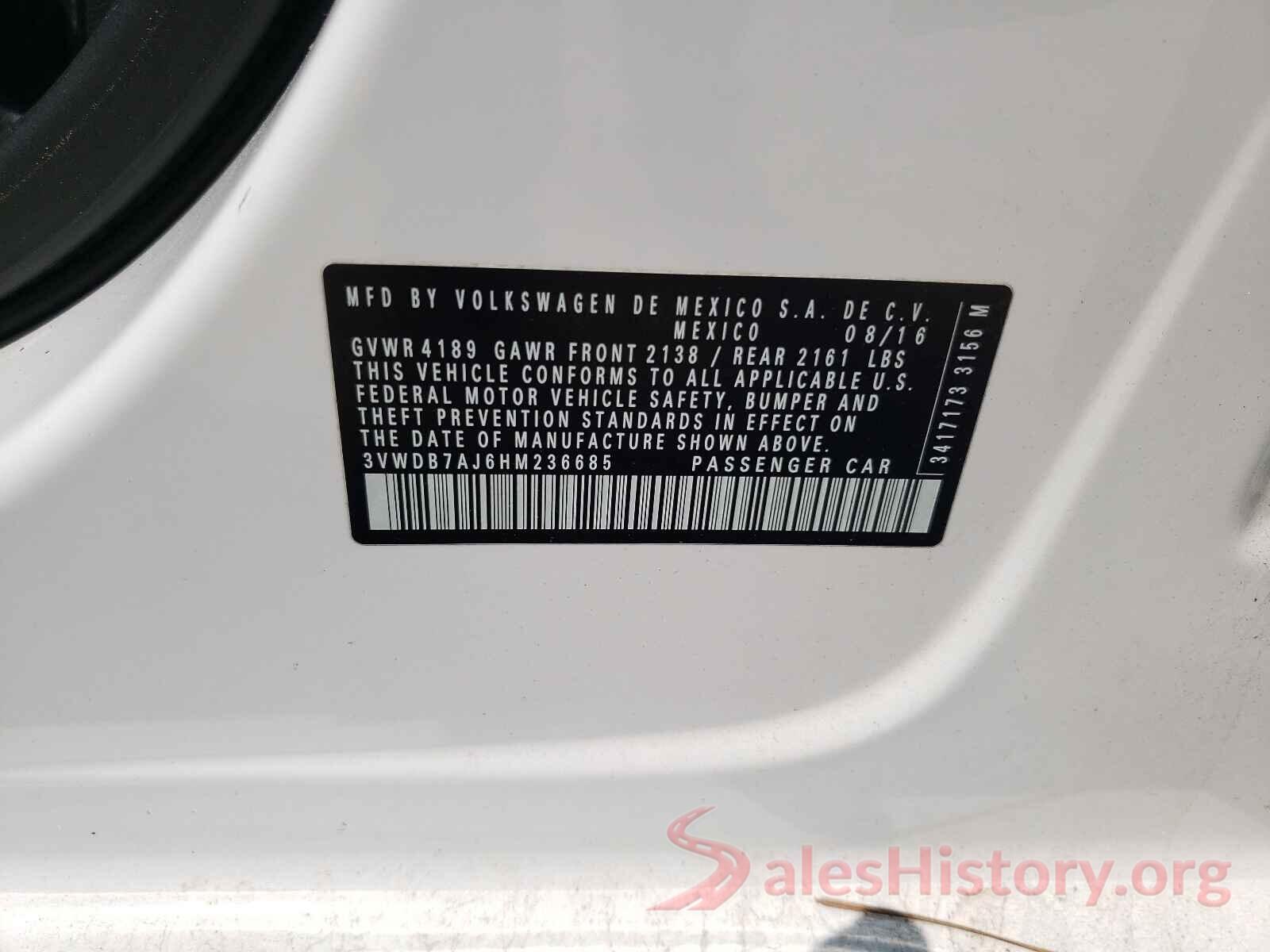 3VWDB7AJ6HM236685 2017 VOLKSWAGEN JETTA