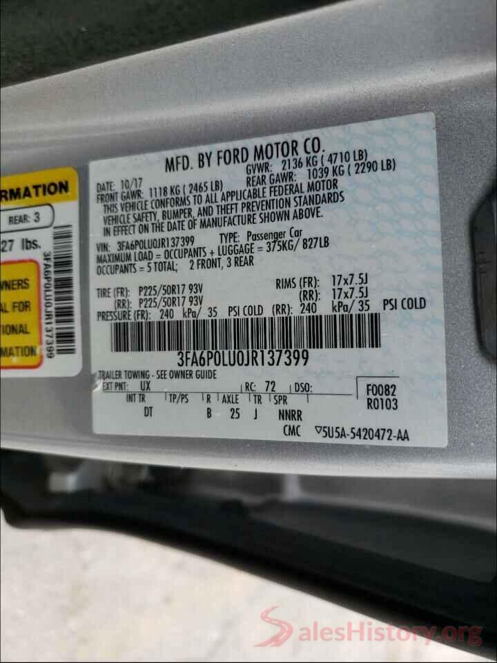 3FA6P0LU0JR137399 2018 FORD FUSION