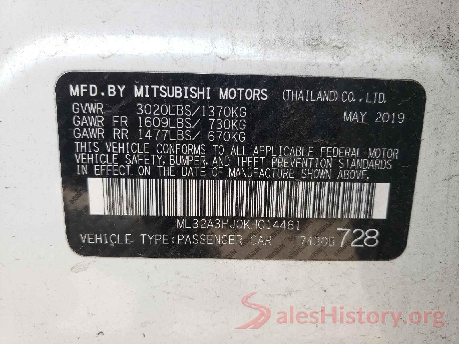 ML32A3HJ0KH014461 2019 MITSUBISHI MIRAGE