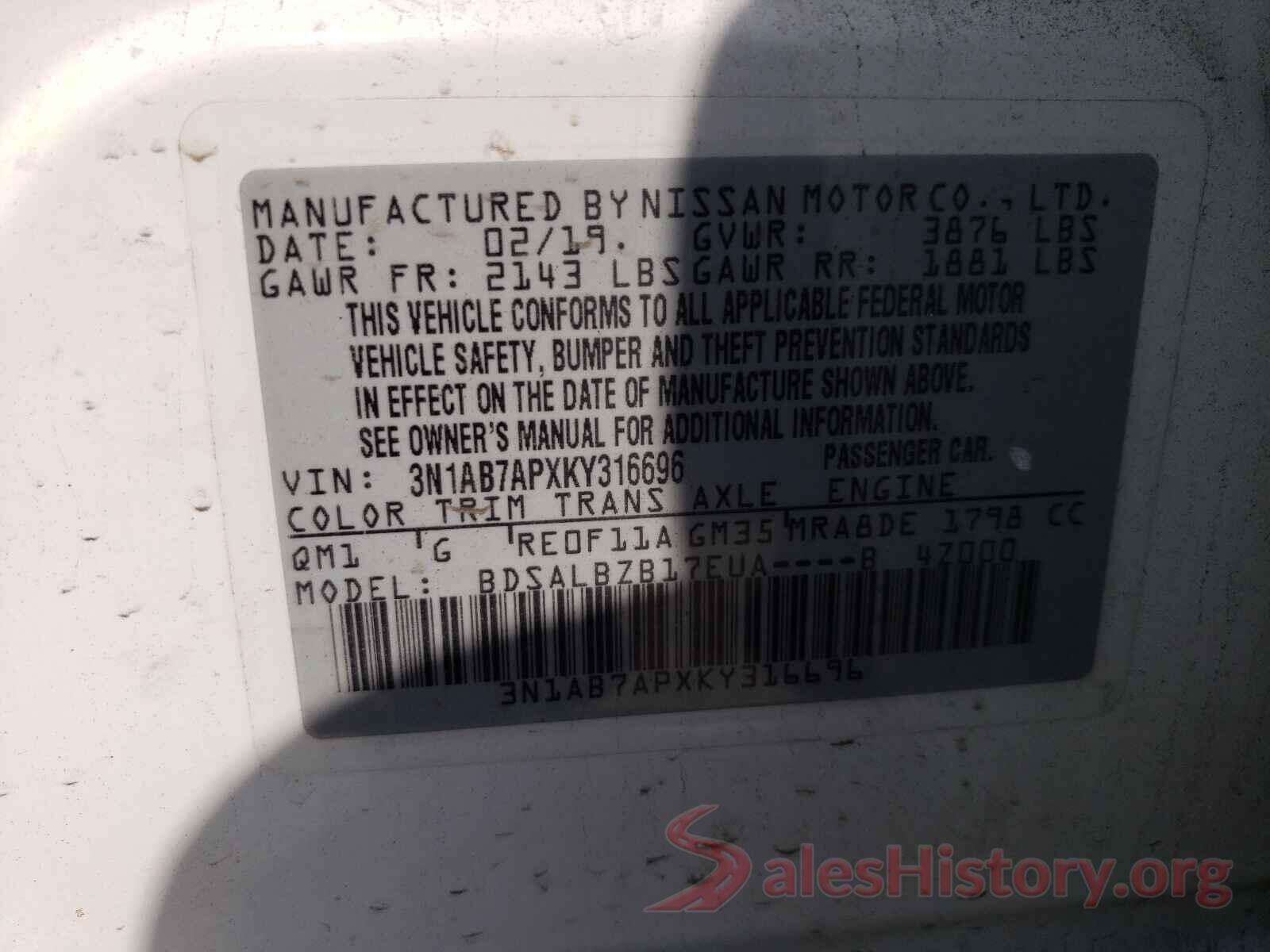 3N1AB7APXKY316696 2019 NISSAN SENTRA