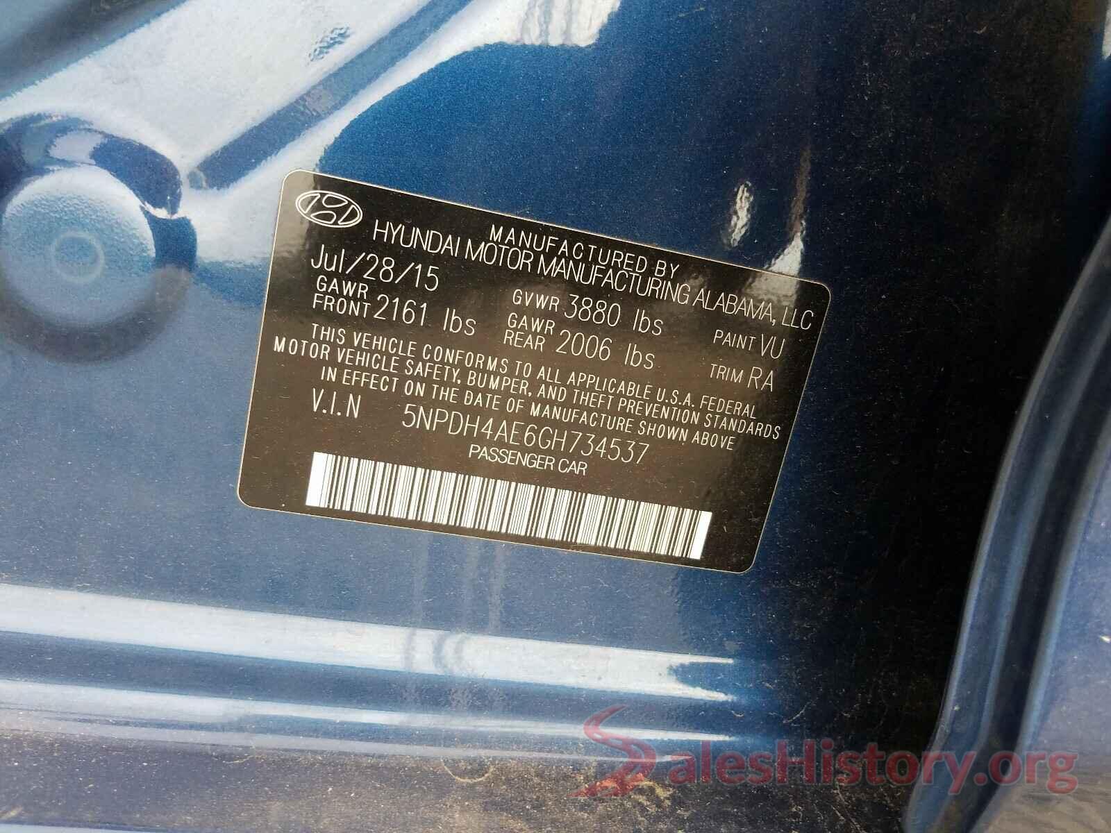 5NPDH4AE6GH734537 2016 HYUNDAI ELANTRA