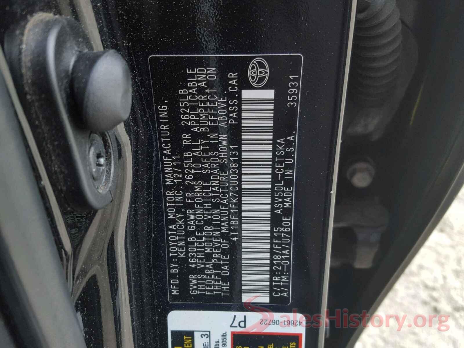 4T1BF1FK7CU038131 2012 TOYOTA CAMRY BASE