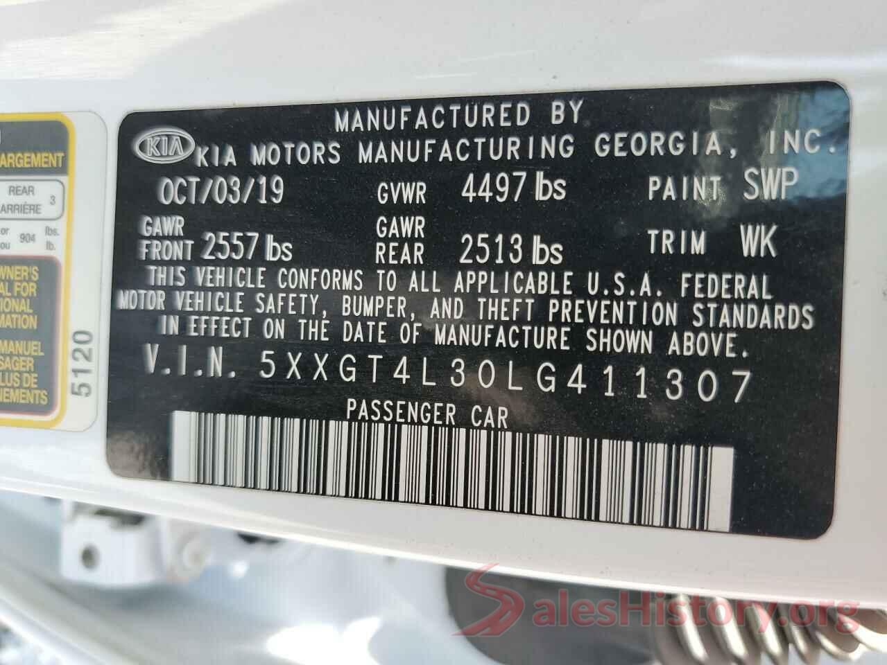 5XXGT4L30LG411307 2020 KIA OPTIMA