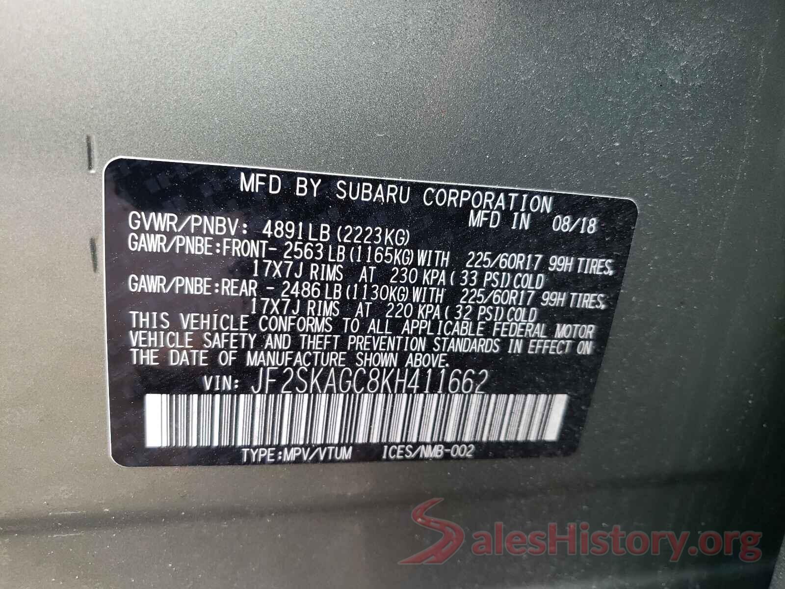 JF2SKAGC8KH411662 2019 SUBARU FORESTER