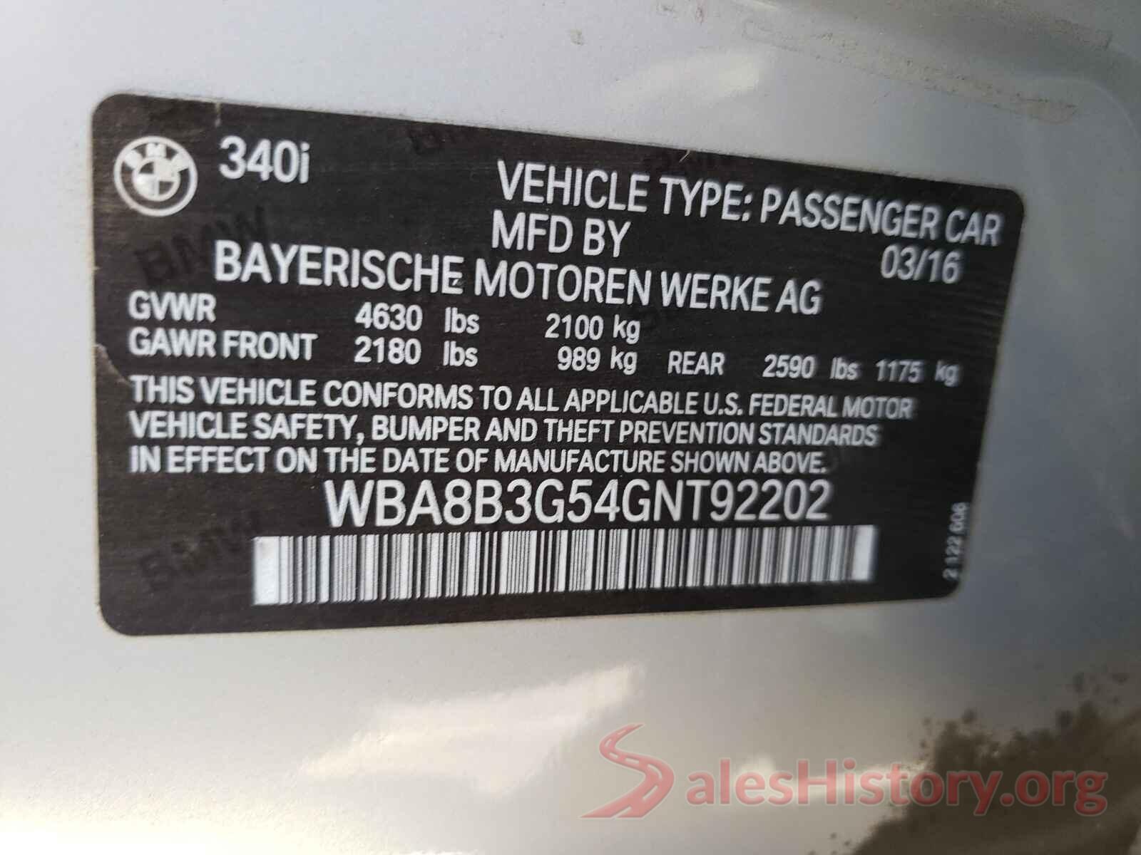 WBA8B3G54GNT92202 2016 BMW 3 SERIES