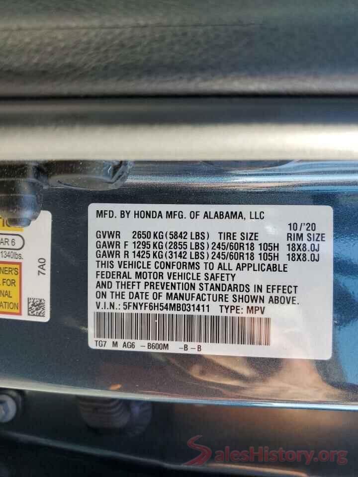 5FNYF6H54MB031411 2021 HONDA PILOT