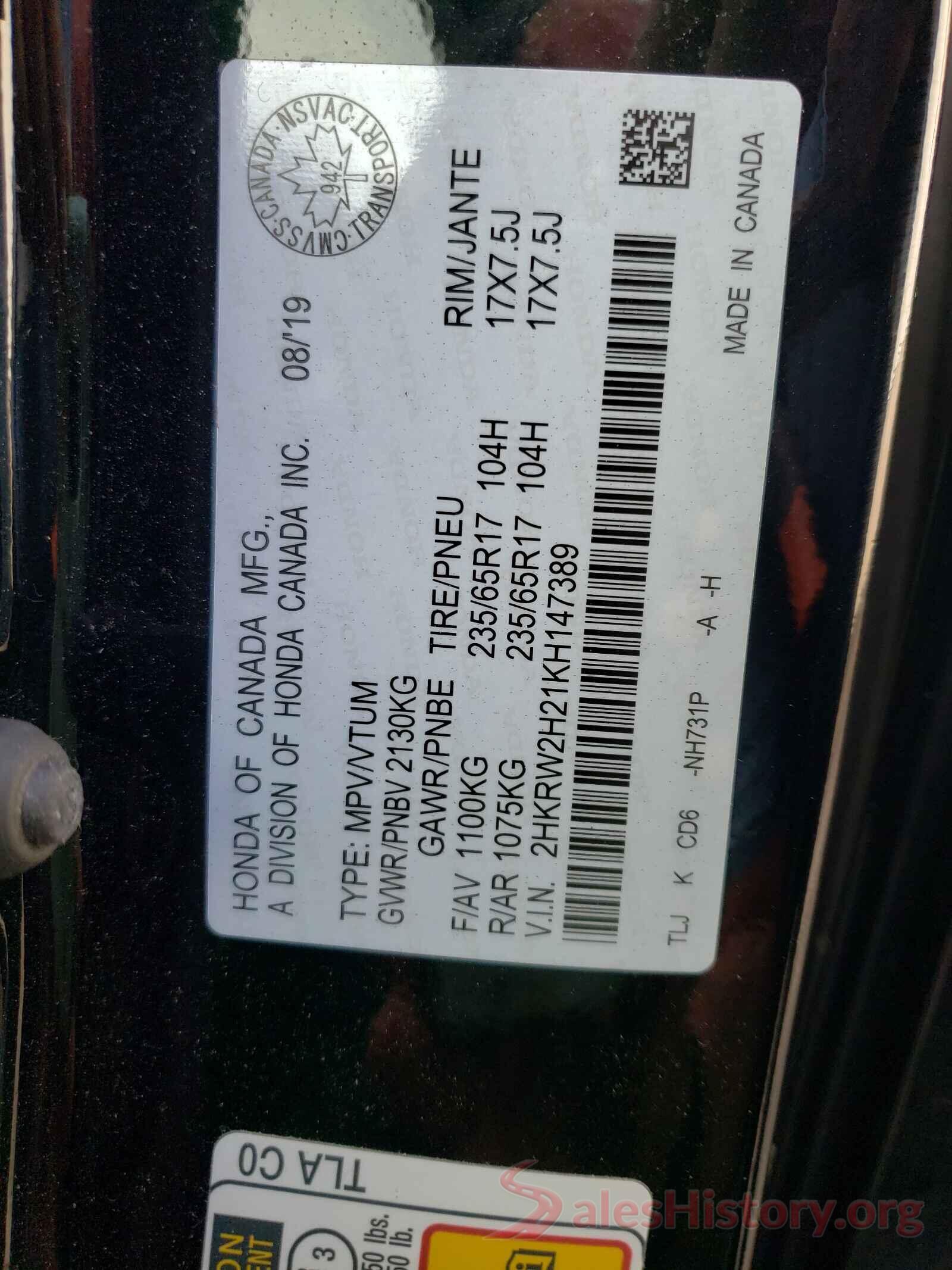 2HKRW2H21KH147389 2019 HONDA CRV