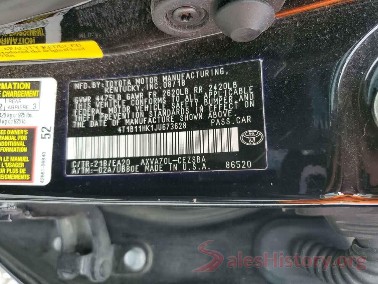 4T1B11HK1JU673628 2018 TOYOTA CAMRY