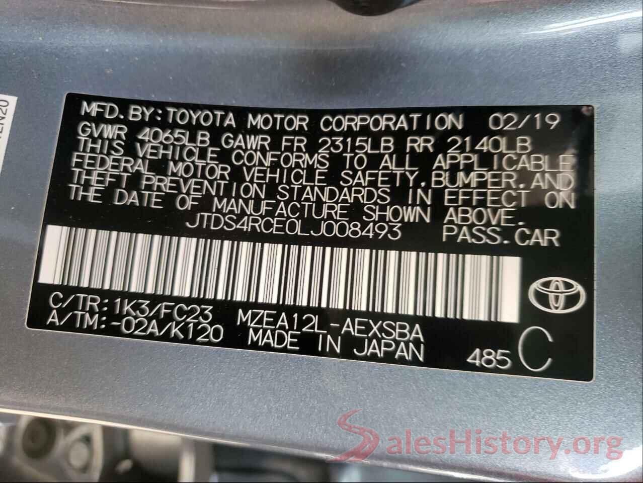 JTDS4RCE0LJ008493 2020 TOYOTA COROLLA