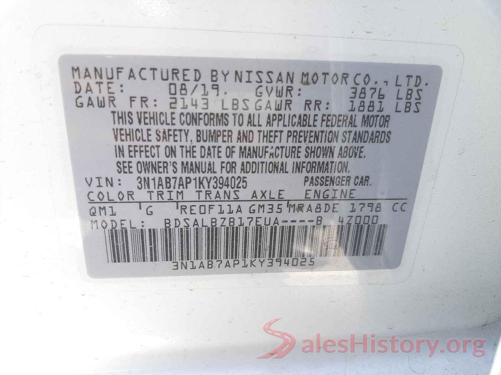 3N1AB7AP1KY394025 2019 NISSAN SENTRA