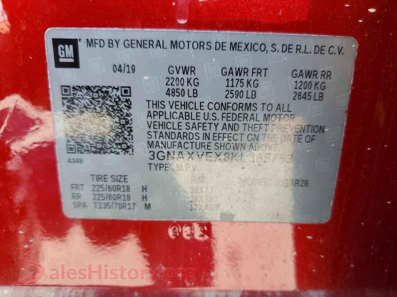2019 CHEVROLET EQUINOX VIN 3GNAXVEX8KL365753, trunk area
