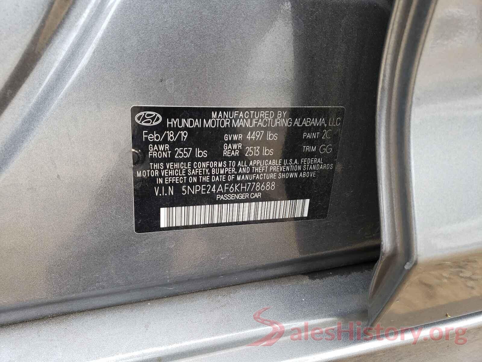 5NPE24AF6KH778688 2019 HYUNDAI SONATA