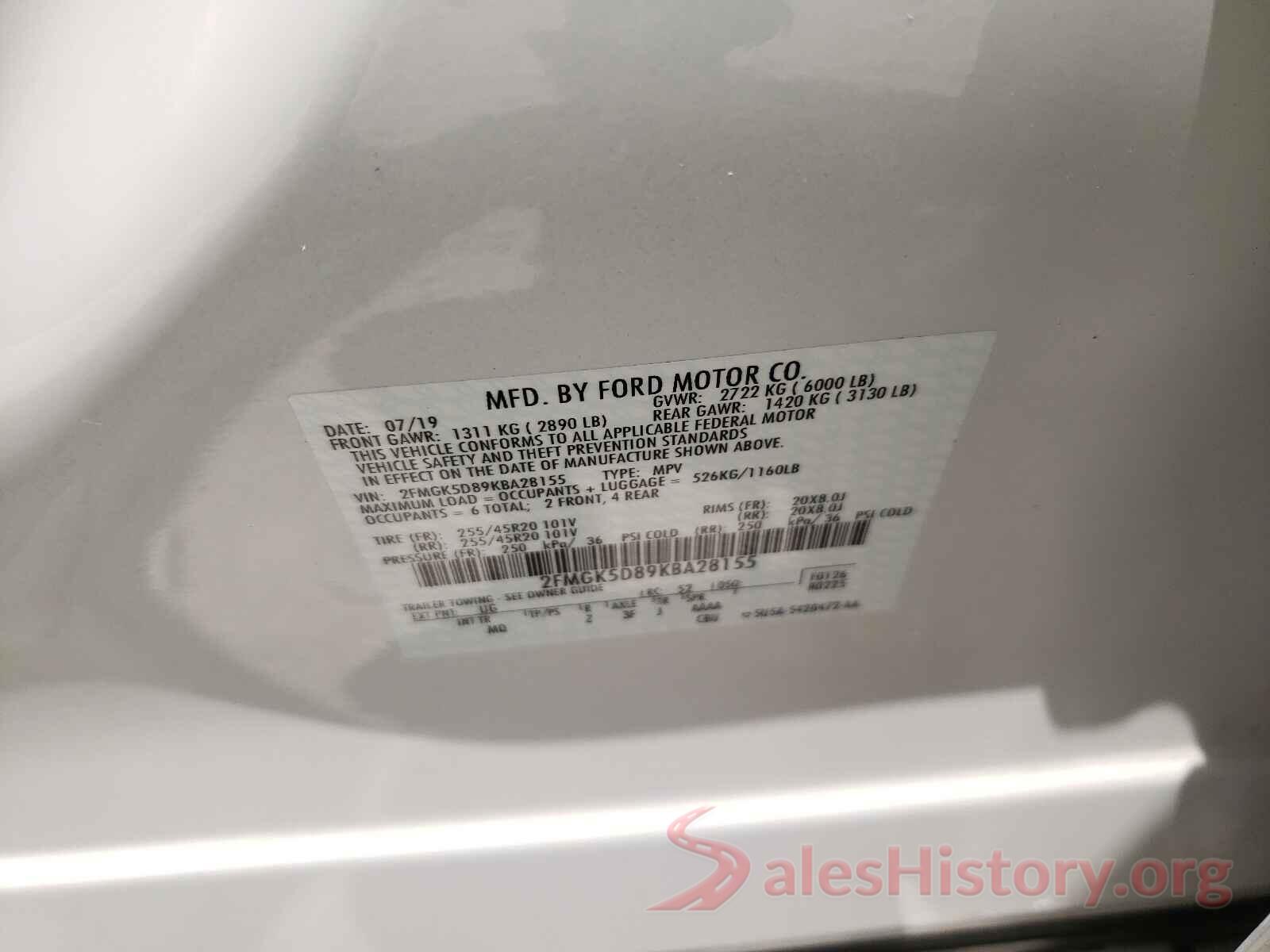 2FMGK5D89KBA28155 2019 FORD FLEX