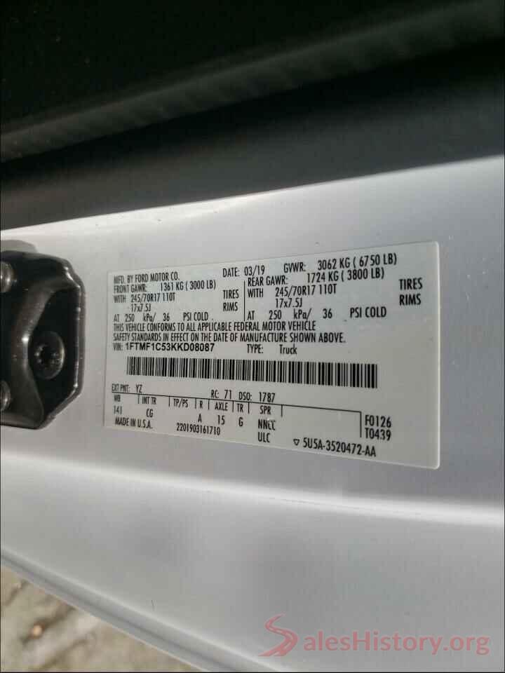 1FTMF1C53KKD08087 2019 FORD F150