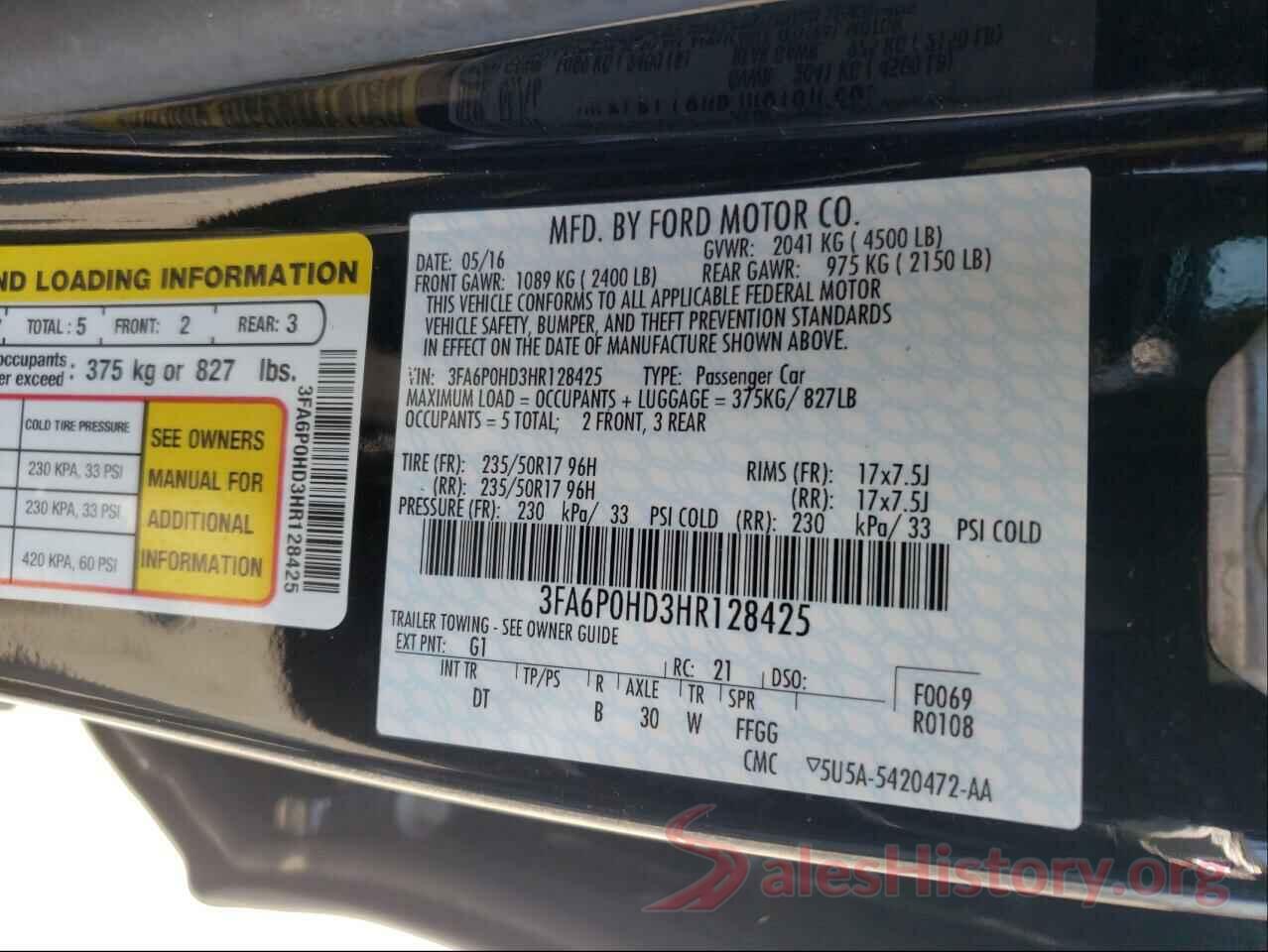 3FA6P0HD3HR128425 2017 FORD FUSION