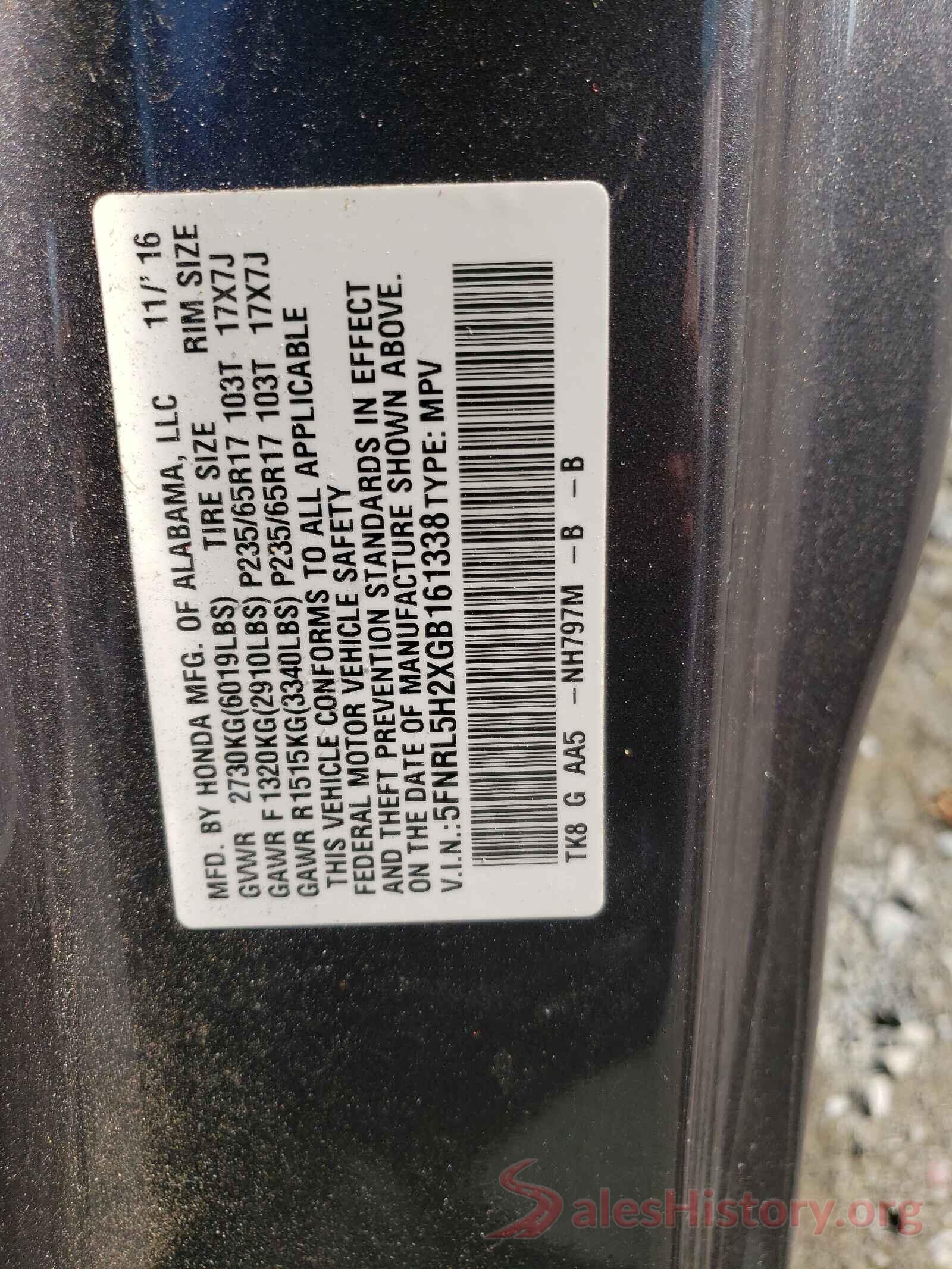 5FNRL5H2XGB161338 2016 HONDA ODYSSEY