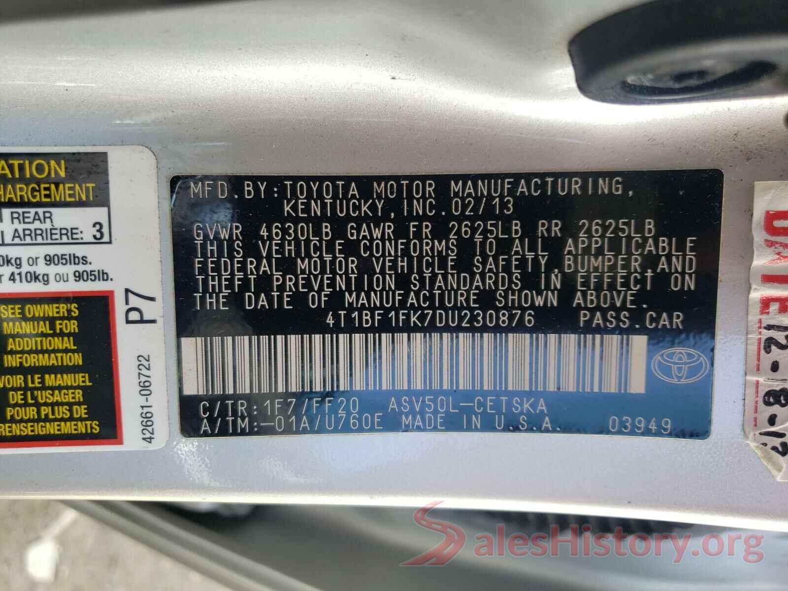 4T1BF1FK7DU230876 2013 TOYOTA CAMRY