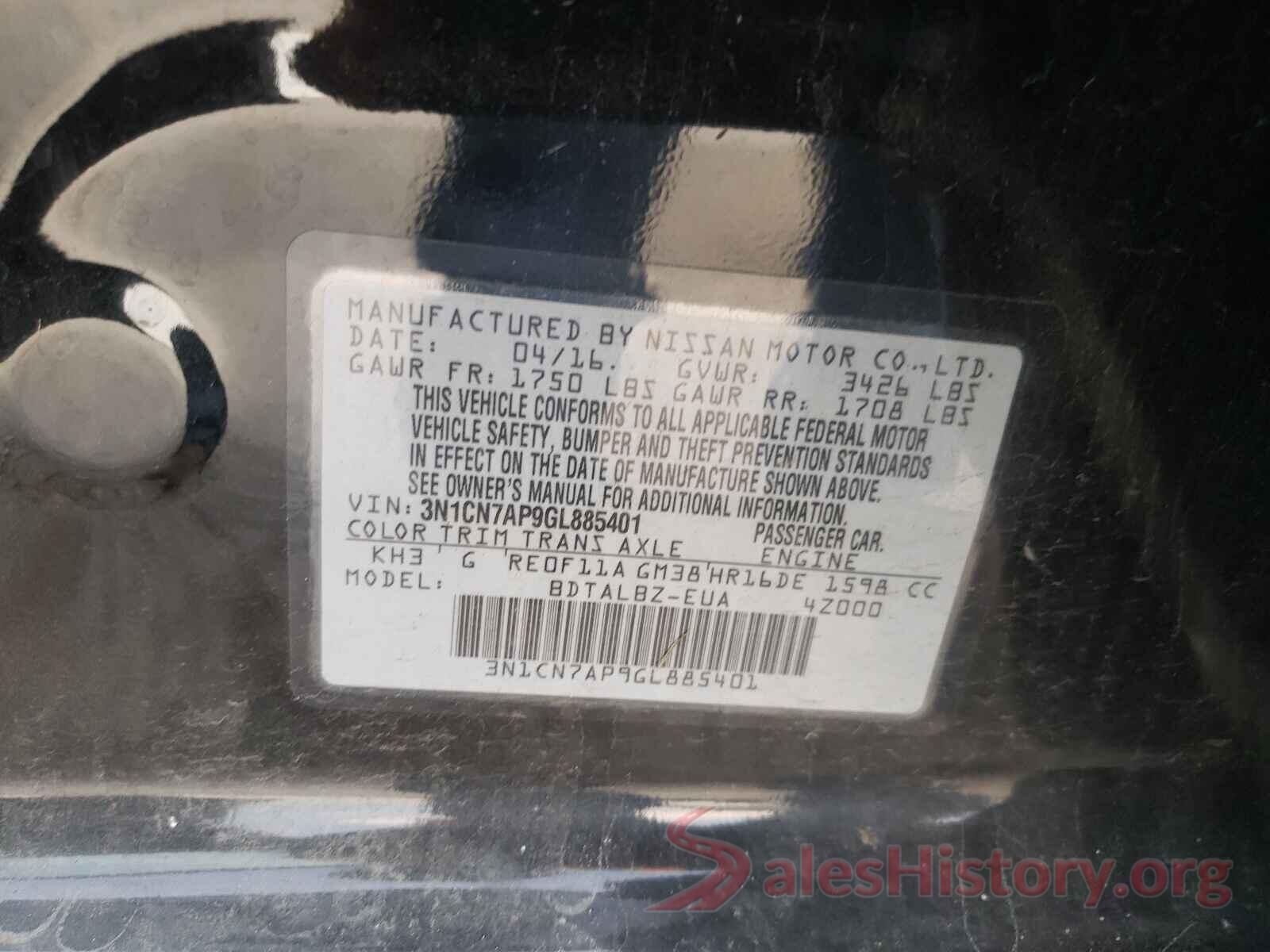 3N1CN7AP9GL885401 2016 NISSAN VERSA