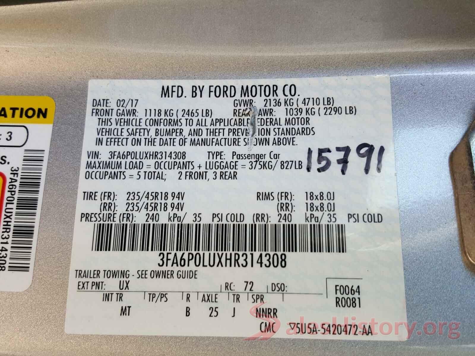 3FA6P0LUXHR314308 2017 FORD FUSION