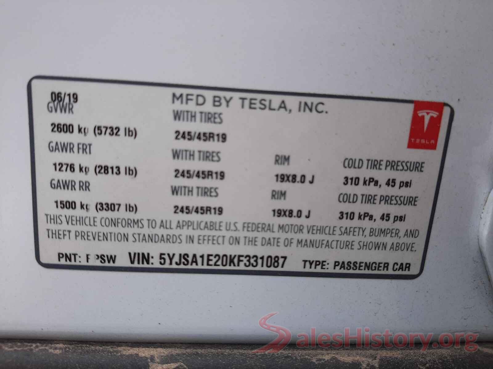 5YJSA1E20KF331087 2019 TESLA MODEL S