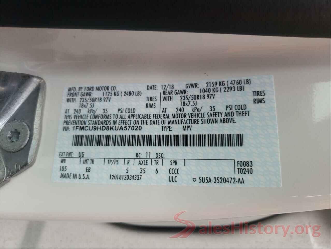 1FMCU9HD8KUA57020 2019 FORD ESCAPE