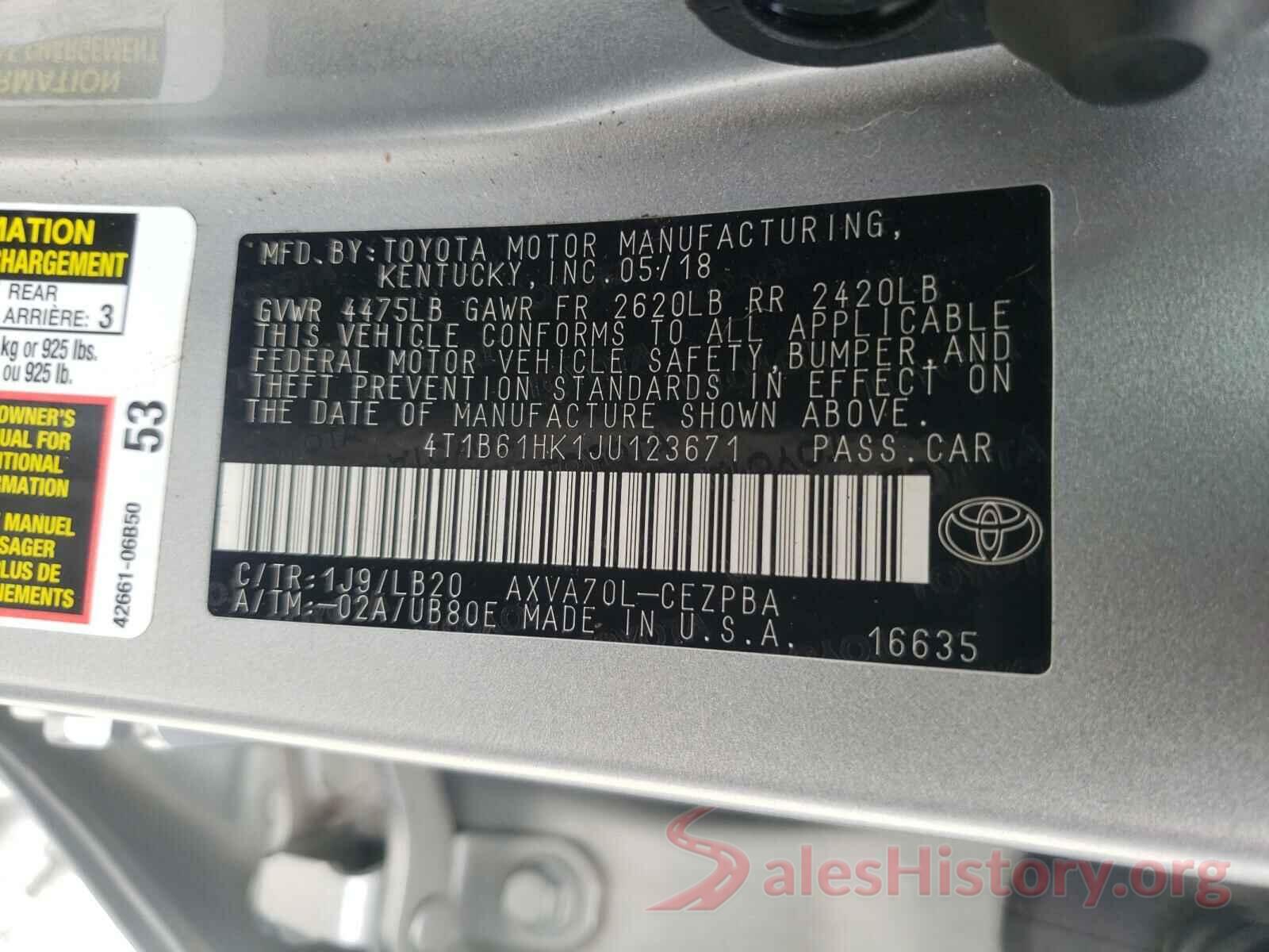 4T1B61HK1JU123671 2018 TOYOTA CAMRY