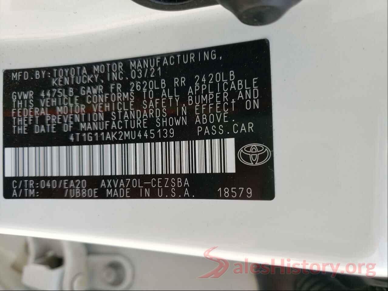 4T1G11AK2MU445139 2021 TOYOTA CAMRY