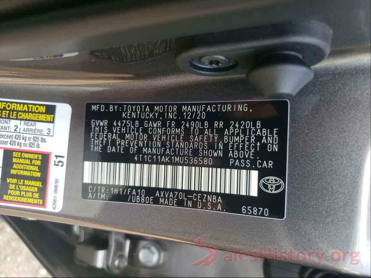 4T1C11AK1MU536580 2021 TOYOTA CAMRY