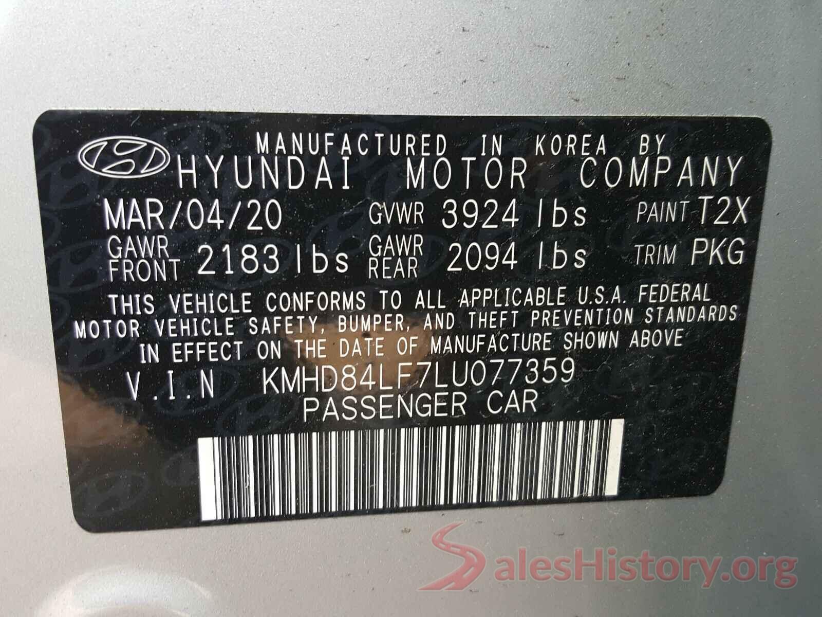 KMHD84LF7LU077359 2020 HYUNDAI ELANTRA