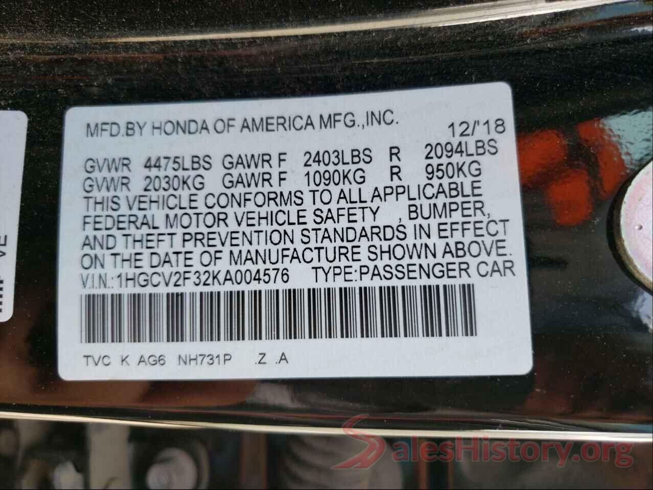 1HGCV2F32KA004576 2019 HONDA ACCORD