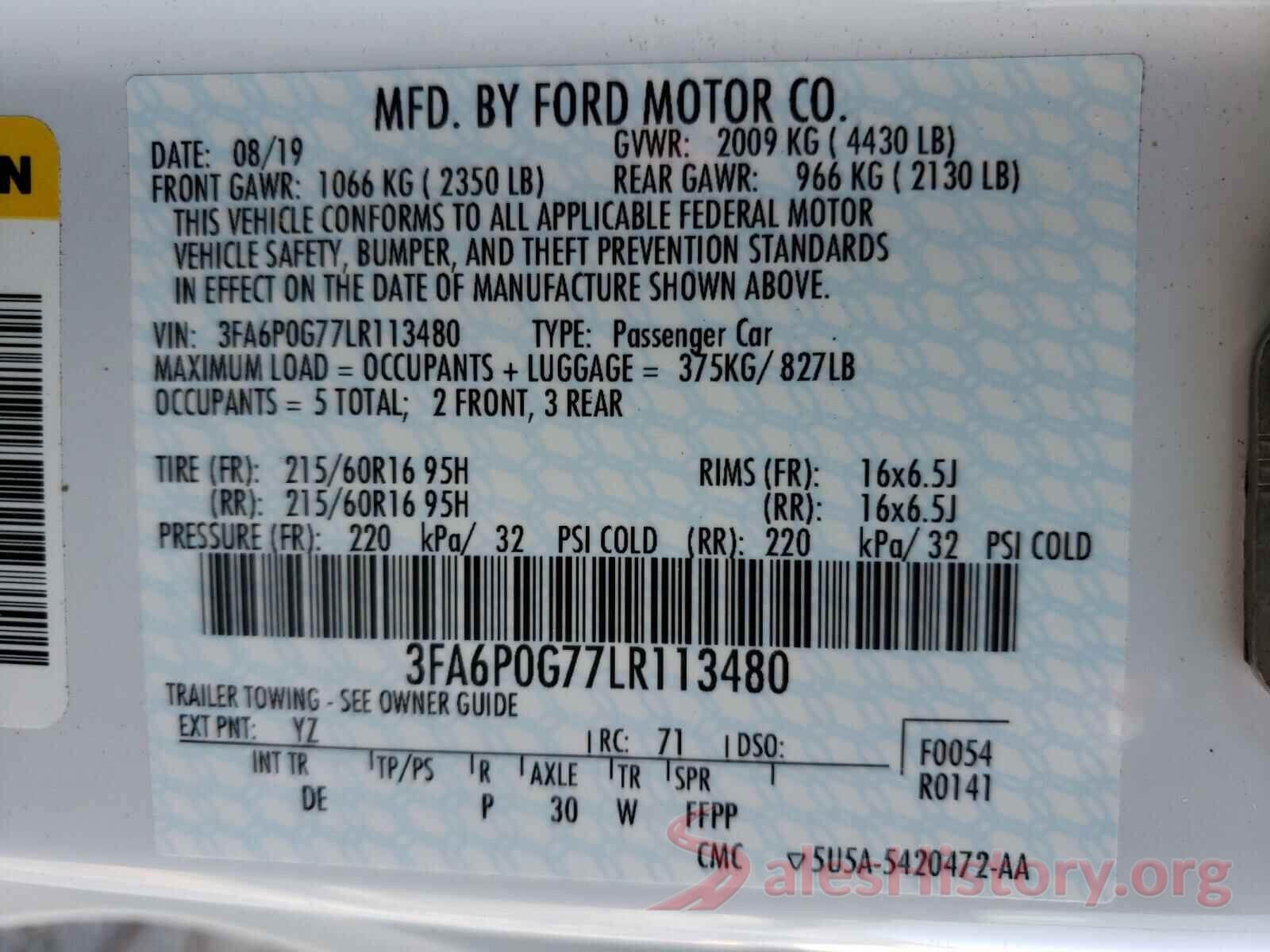 3FA6P0G77LR113480 2020 FORD FUSION