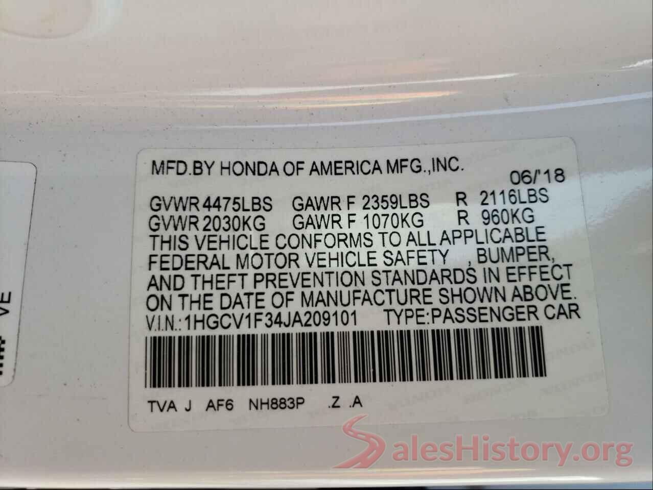 1HGCV1F34JA209101 2018 HONDA ACCORD