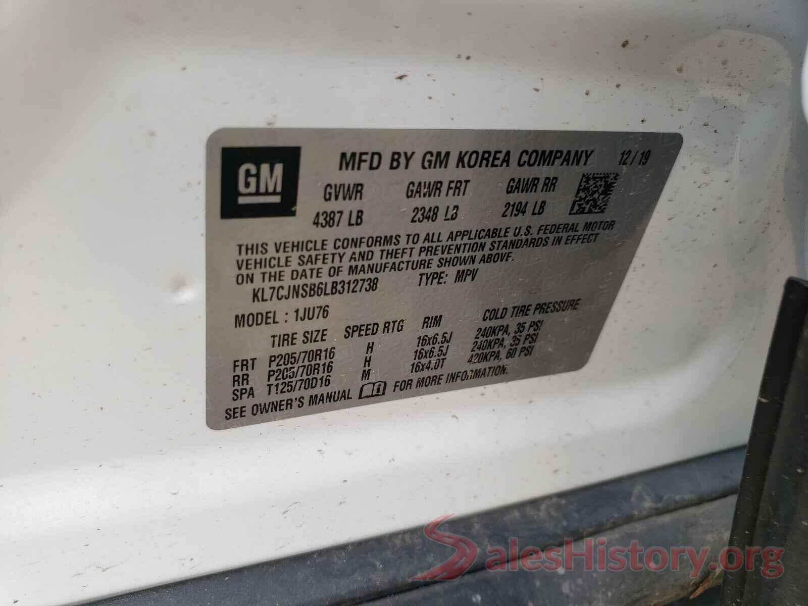 KL7CJNSB6LB312738 2020 CHEVROLET TRAX