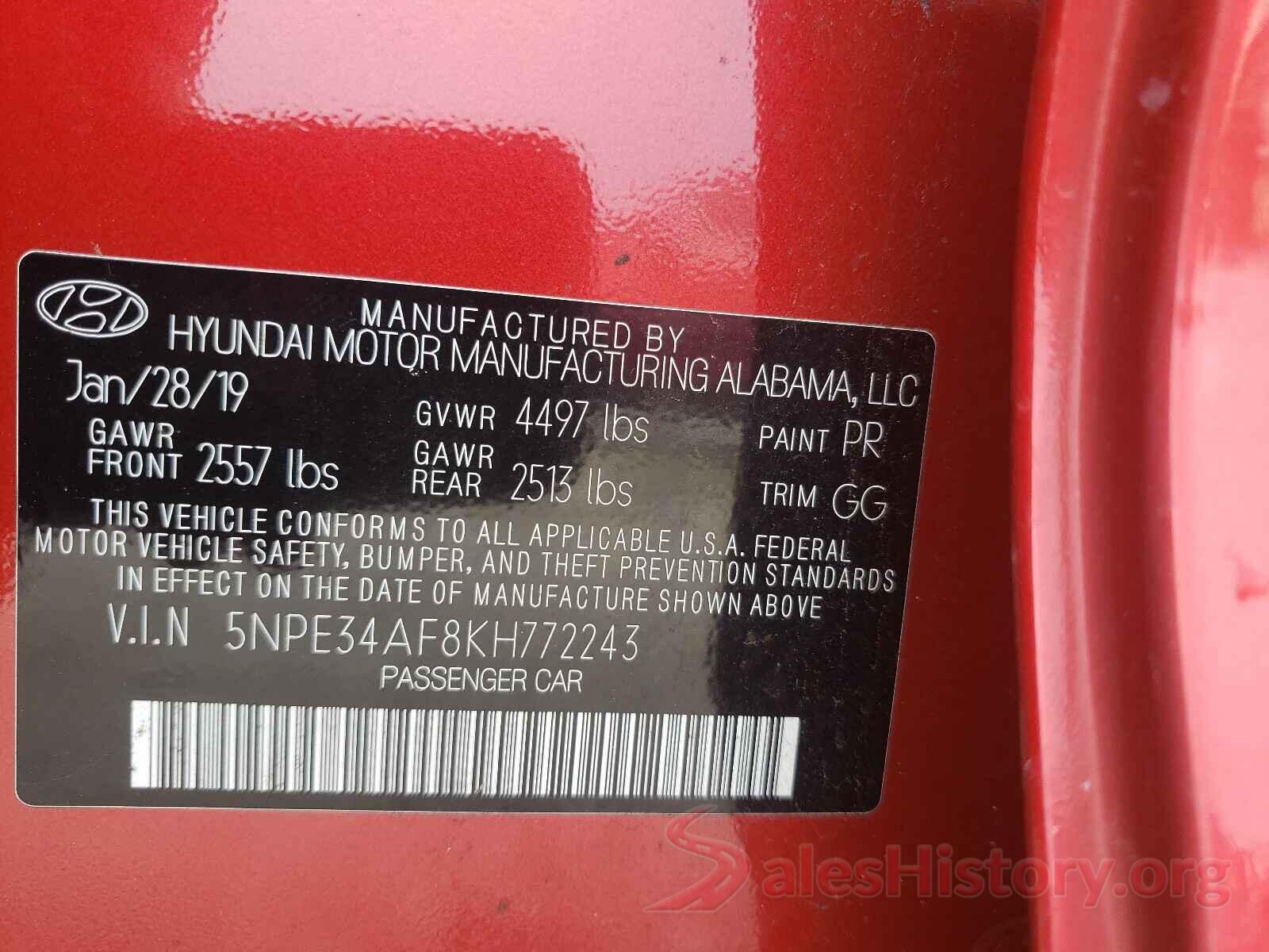 5NPE34AF8KH772243 2019 HYUNDAI SONATA