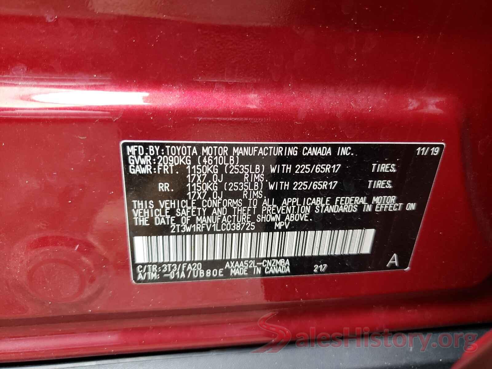 2T3W1RFV1LC038725 2020 TOYOTA RAV4