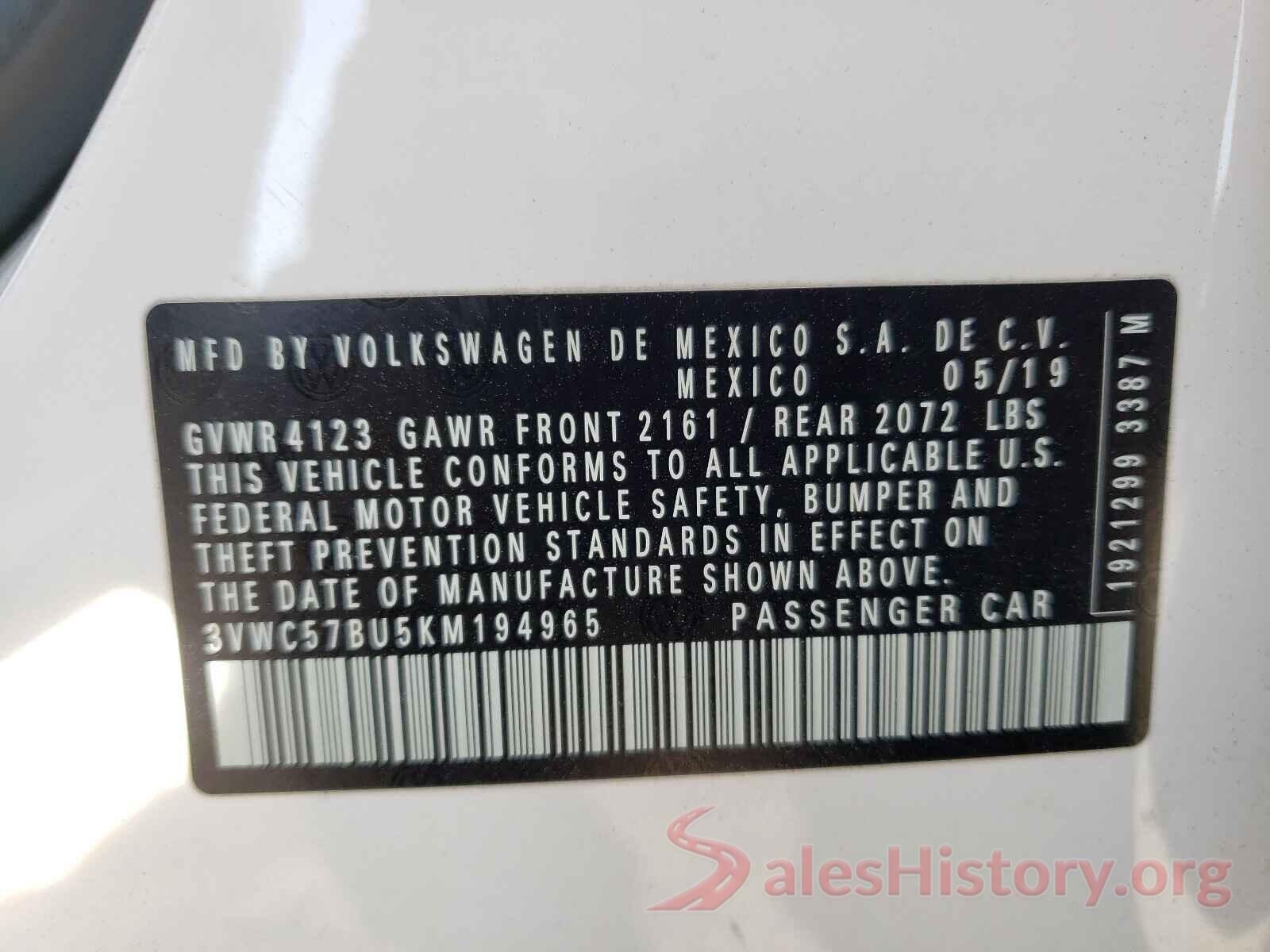 3VWC57BU5KM194965 2019 VOLKSWAGEN JETTA