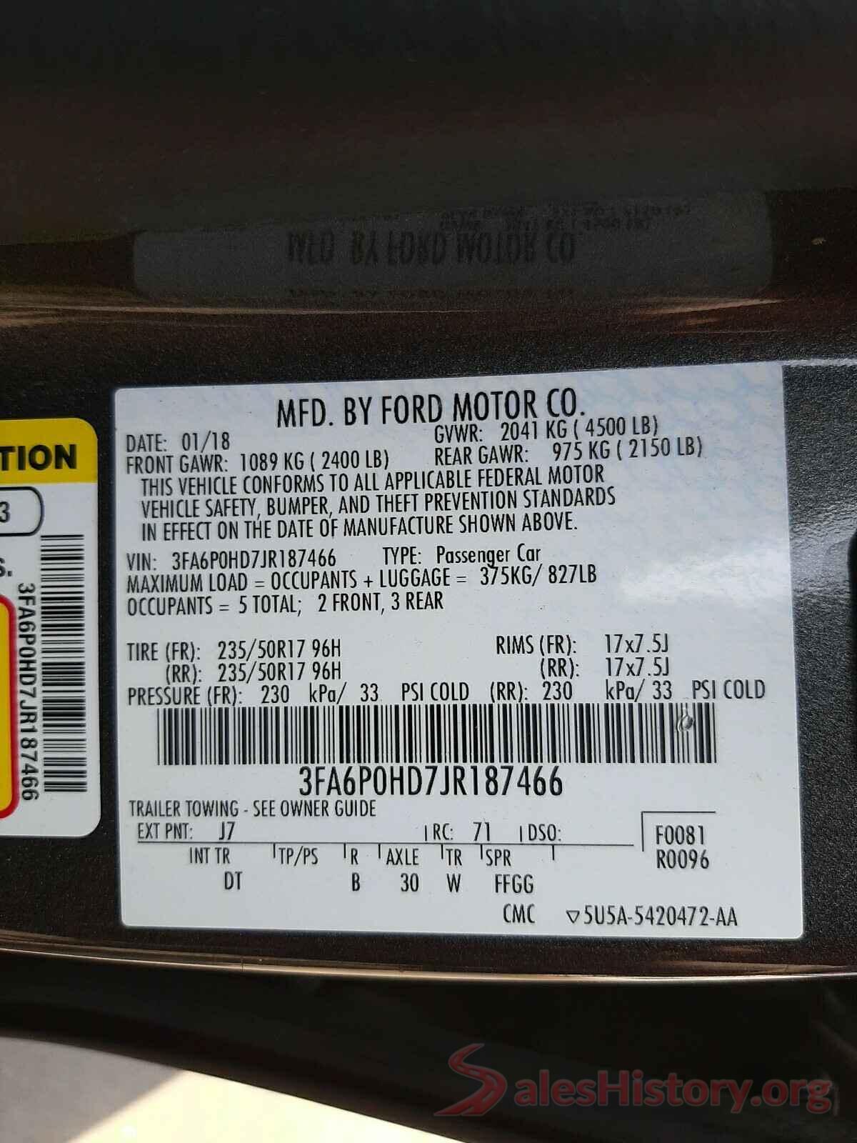 3FA6P0HD7JR187466 2018 FORD FUSION