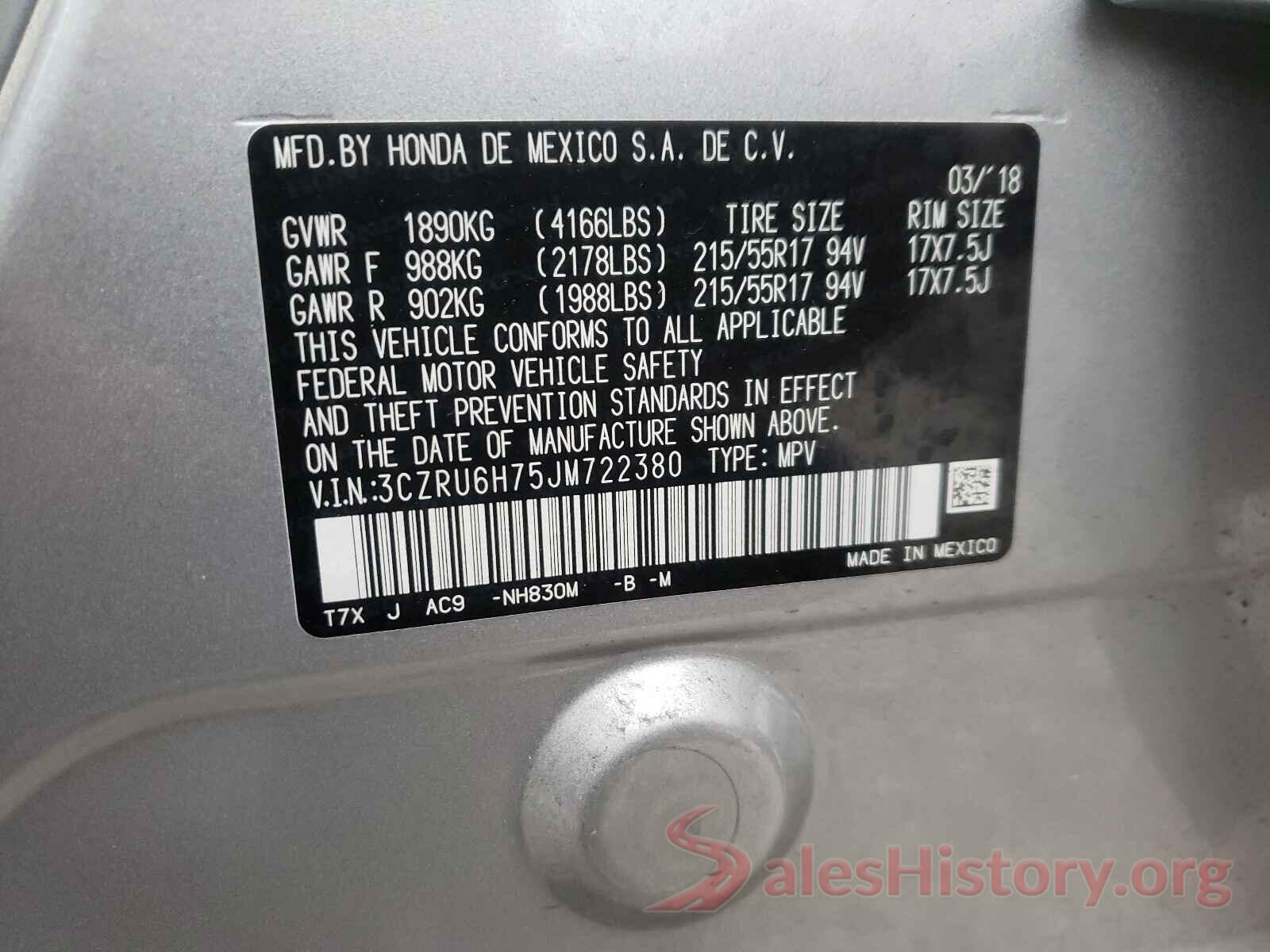 3CZRU6H75JM722380 2018 HONDA HR-V