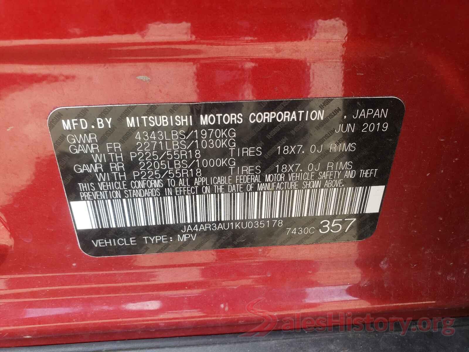 JA4AR3AU1KU035178 2019 MITSUBISHI OUTLANDER