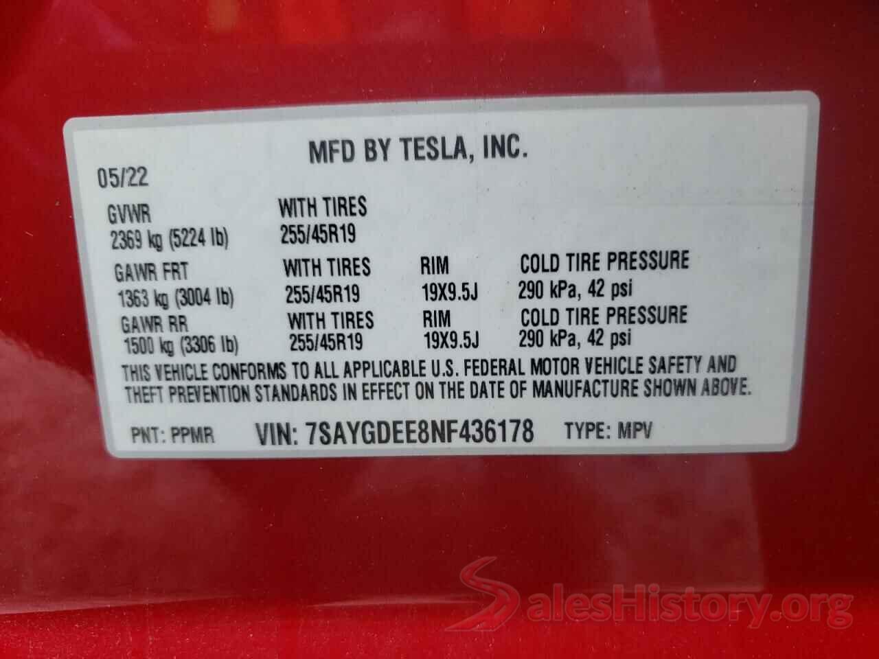 7SAYGDEE8NF436178 2022 TESLA MODEL Y