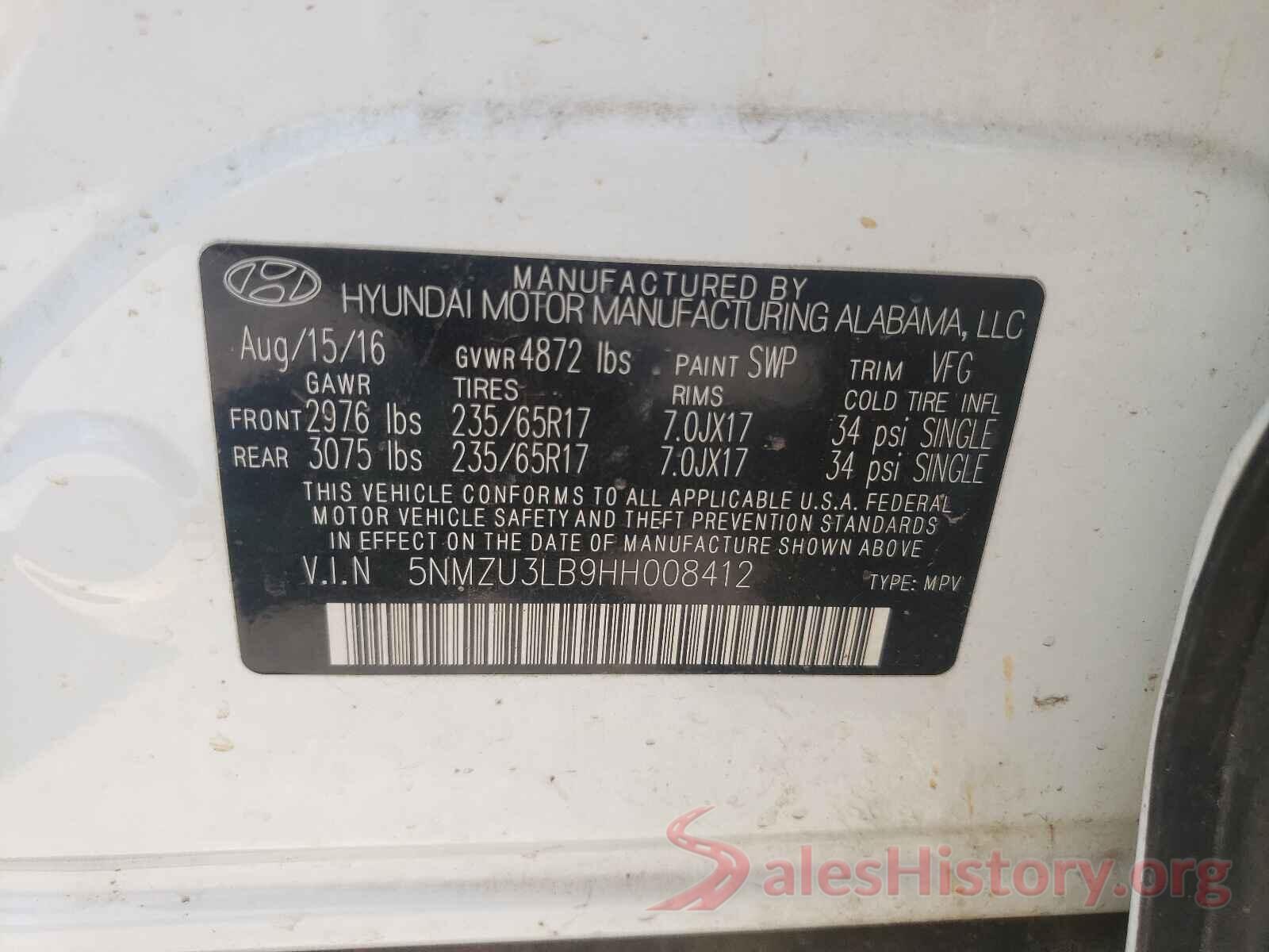 5NMZU3LB9HH008412 2017 HYUNDAI SANTA FE