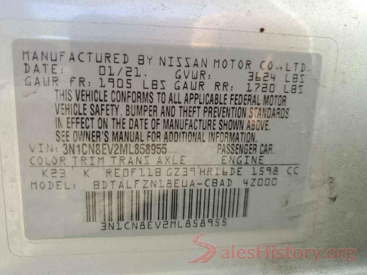 3N1CN8EV2ML858955 2021 NISSAN VERSA