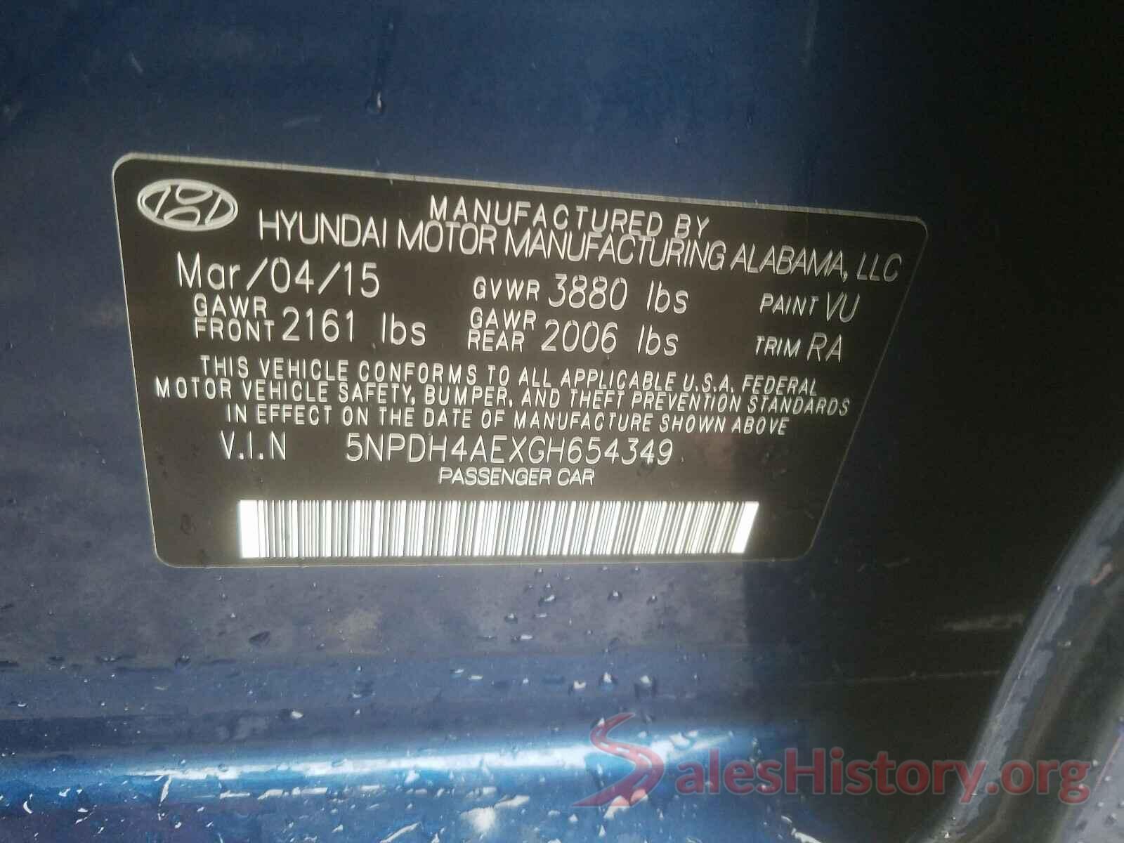 5NPDH4AEXGH654349 2016 HYUNDAI ELANTRA