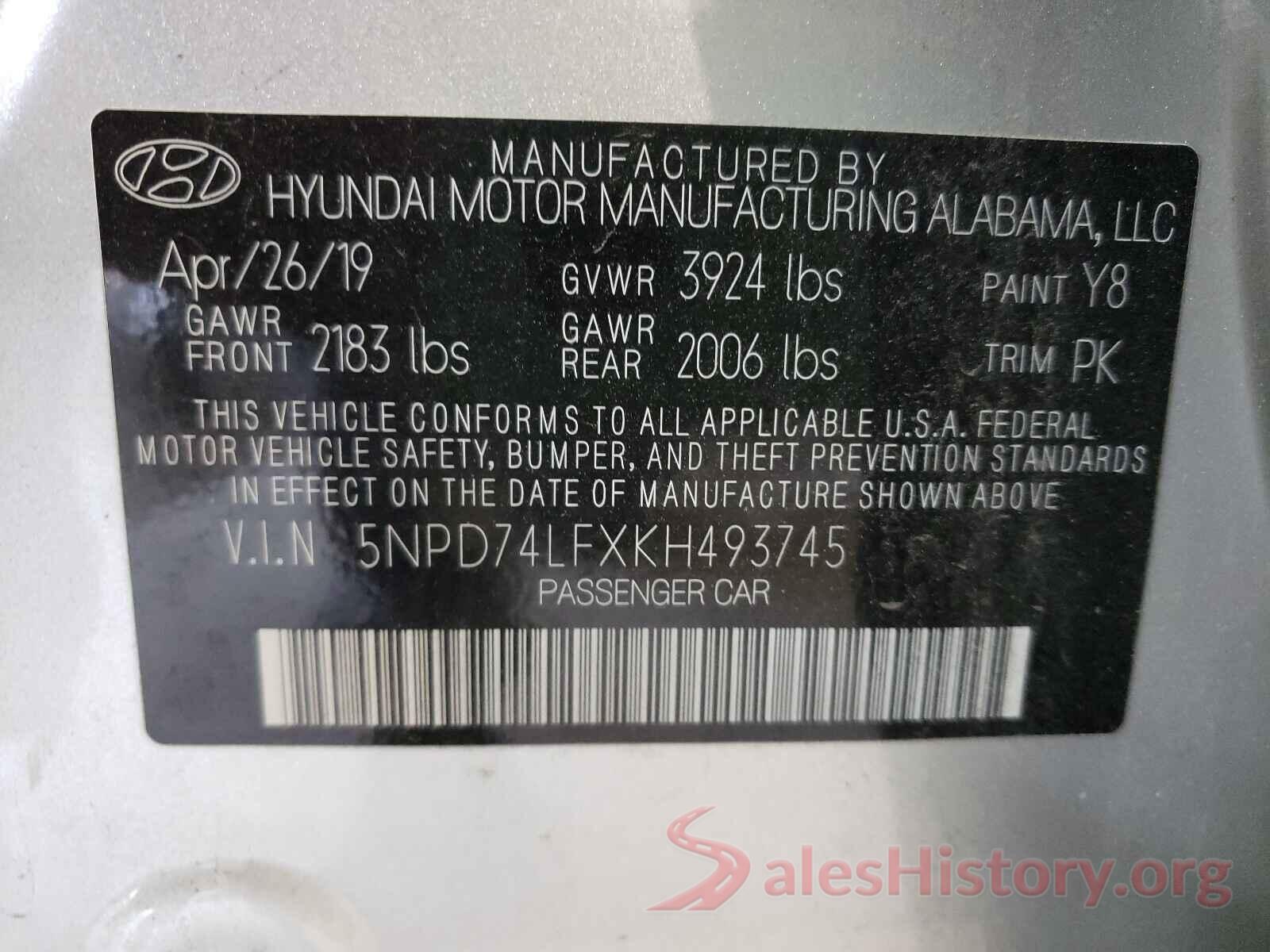 5NPD74LFXKH493745 2019 HYUNDAI ELANTRA