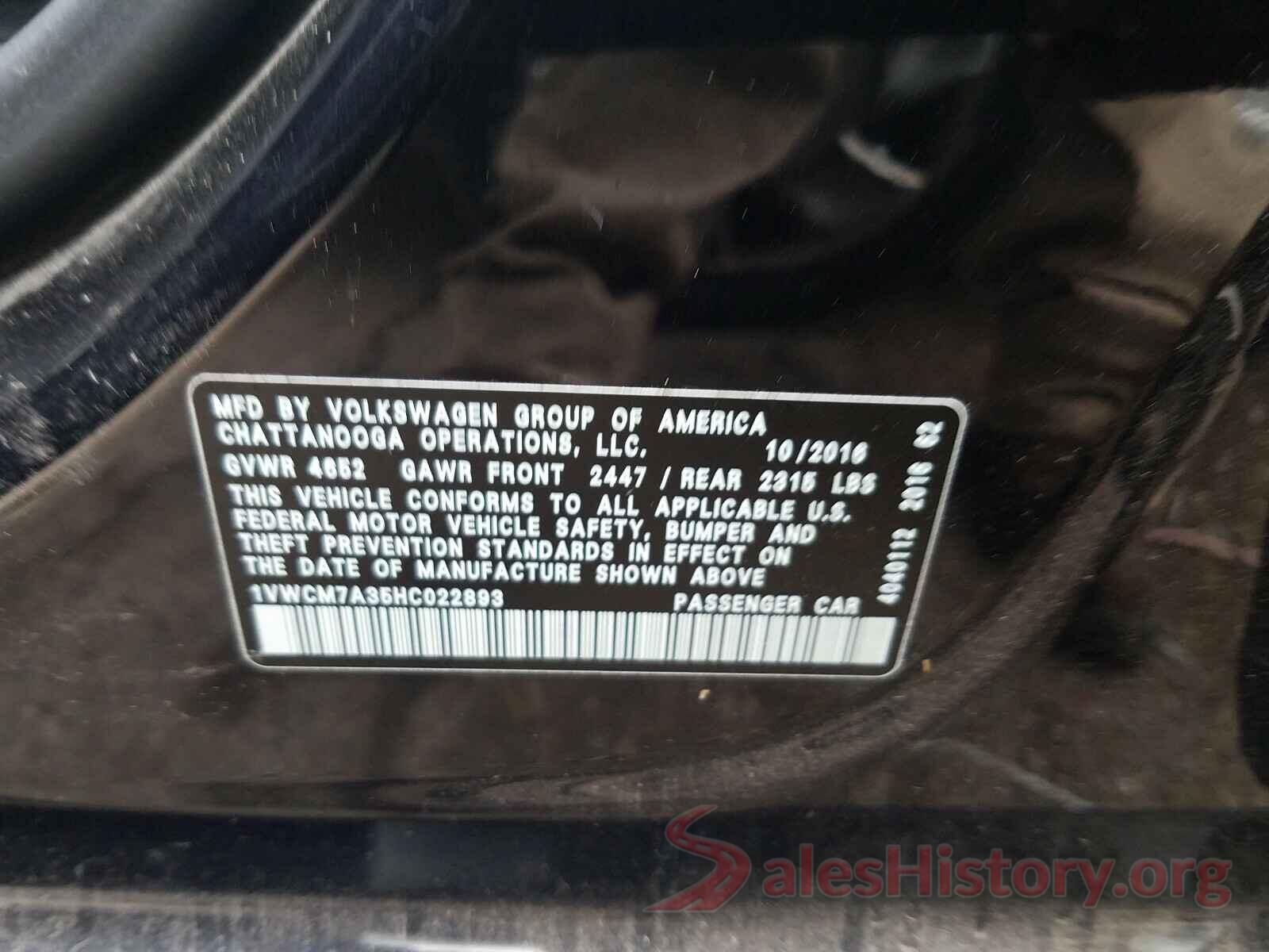 1VWCM7A35HC022893 2017 VOLKSWAGEN PASSAT