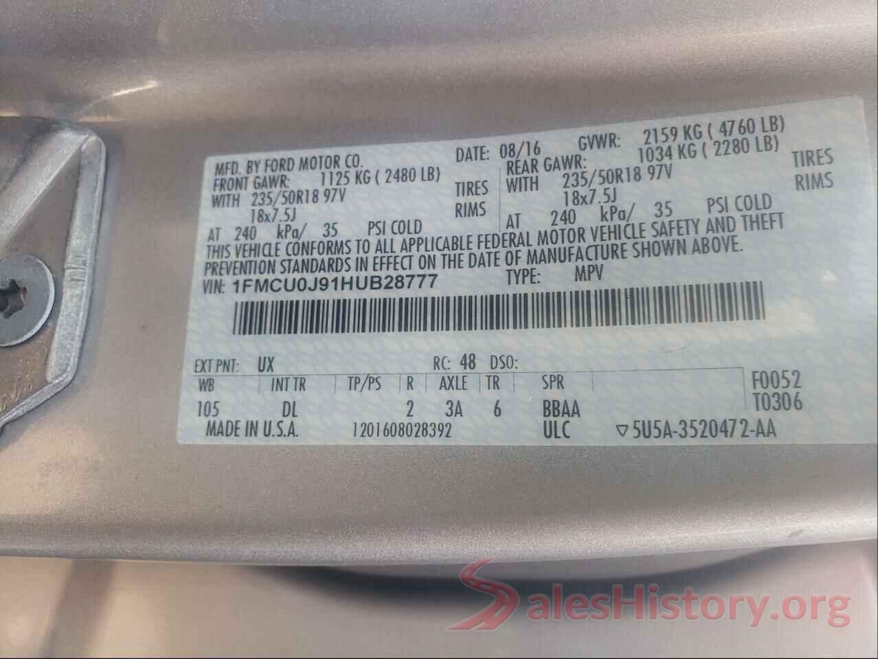 1FMCU0J91HUB28777 2017 FORD ESCAPE