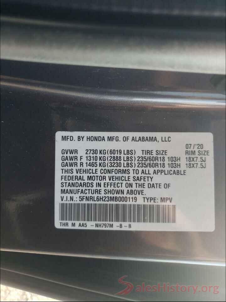 5FNRL6H23MB000119 2021 HONDA ODYSSEY